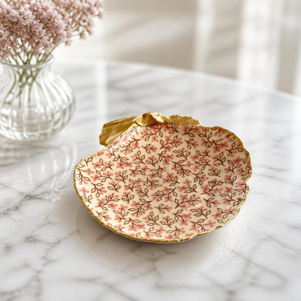 Pink Floral Trinket Dish, Ditsy Scallop Shell Ring Dish, Gift for Her
